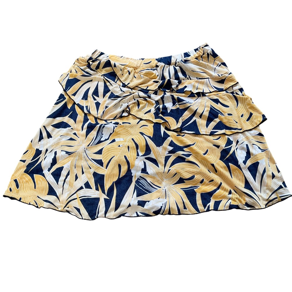 Fashion Studio Tropical Monstera Leaf Ruffle Skort Yellow Navy Blue Large
